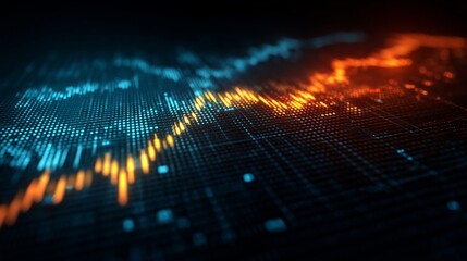 Digital data visualization with glowing lines and dots representing financial trends and analytics