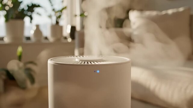 Humidifier Vaporizing in a Home Interior - The video shows a white humidifier releasing vapor into a living space.