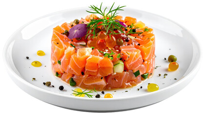 Professionally Composed Salmon Tartare Dish with Dill and Capers on a White Plate Isolated Transparent Background