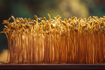 Sunflower microgreens grow densely in tray with vibrant yellow stems and leaves, illuminated by natural sunlight, creating fresh and healthy atmosphere for indoor gardening