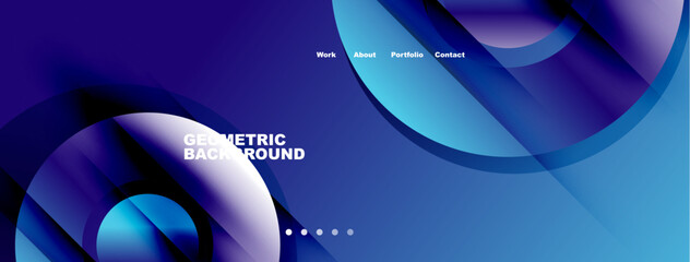 Abstract blue design. Fluid shapes overlap, creating dynamic composition. Text elements present, minimal navigation visible. Modern aesthetic.