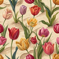  colorful Tulips flowers on sand background.