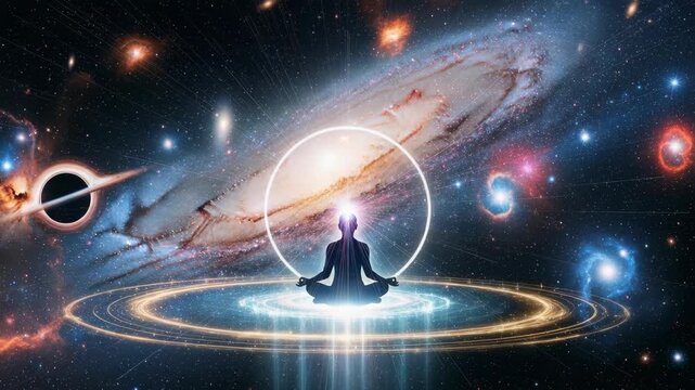 A silhouette meditating in space surrounded by cosmic energy. Person in lotus position against a galaxy background. Spirituality, consciousness, and esotericism concept