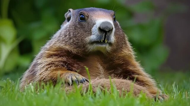 Footage A groundhog sits peacefully in green grass, perhaps enjoying the sunshine