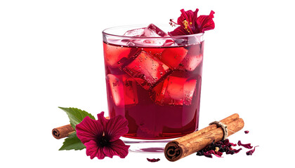Refreshing Hibiscus Cinnamon Iced Tea With Ice Cubes Garnished With Fresh Hibiscus Flowers Cinnamon Sticks And Green Leaves Isolated Transparent Background