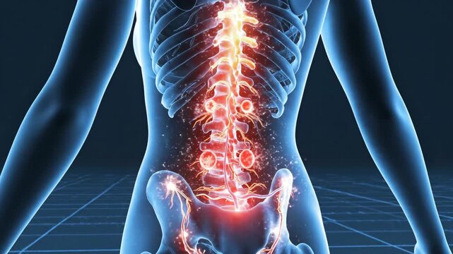 Human Spine Inflammation - An x-ray view of a human spine with red glowing areas indicating inflammation or pain. The skeletal and torso structure is visible against a blue background.