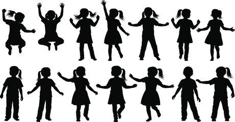 Children silhouette, playful kids, dancing children, jumping pose, expressive movement, childhood joy, vector art, black figure, isolated, white background