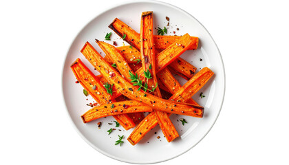 Roasted Carrot Sticks Seasoned with Herbs and Spices on a White Plate with Balanced Lighting Isolated Transparent Background