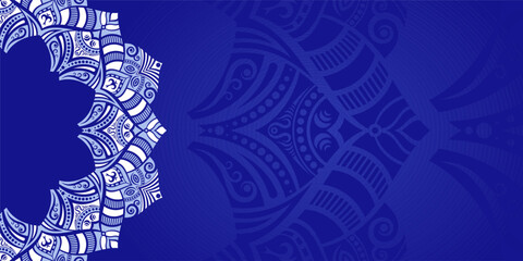 Horizontal color vector mandala banner. Decorative flower mandala on blue background. Luxury mandala color vector background. Arabic, islamic east style. Vector color illustration.