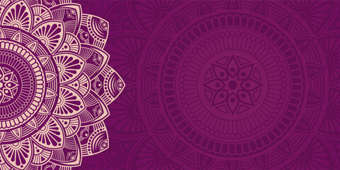 Horizontal color vector mandala banner. Decorative flower mandala on pink background. Luxury mandala color vector background. Arabic, islamic east style. Vector color illustration.