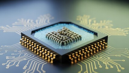 Advanced microchip integrated circuit with intricate golden circuitry on a blue background, representing cutting-edge technology and digital innovation