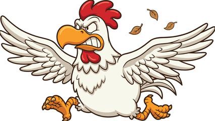 Cartoon angry chicken in motion, flapping wings, clenched beak, flying leaves, humorous farm animal, flat vector illustration, expressive pose