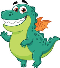 Cartoon green dinosaur with orange wings, smiling face, waving hand, kids character, friendly design, flat vector illustration, playful pose