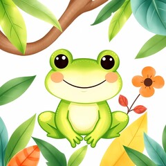 Fototapeta premium A happy green watercolor frog smiles sweetly with an orange flower among various leaves.