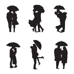Set of Romantic Couple Silhouettes Standing Under Umbrella Kissing and Hugging Isolated on White Background