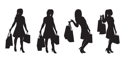 Set of Black Silhouettes of Fashionable Woman Holding Shopping Bags in Various Poses Isolated on White Background