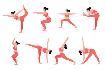 Set of Young Woman Doing Various Yoga Poses and Stretching Exercises in Coral Sportswear Vector Illustration