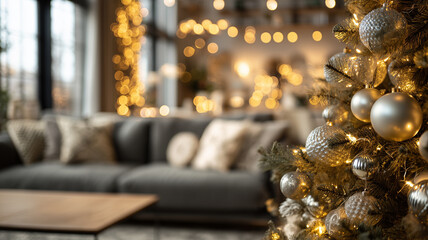 A modern living room with a glowing Christmas tree adorned with silver baubles and blurred golden lights, warm festive ambience