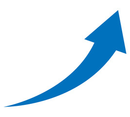A curved blue arrow pointing upwards isolated on transparent white background.
