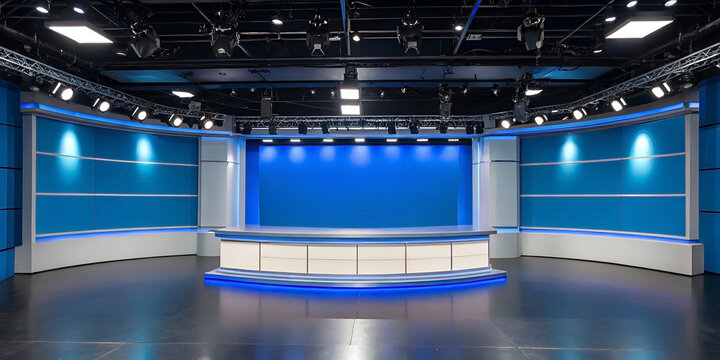 Empty professional television studio set with bright lighting modern stage design ready for broadcasting