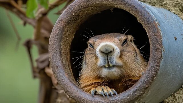 Footage A groundhog appears at the entrance of its underground burrow, situated in a tree trunk