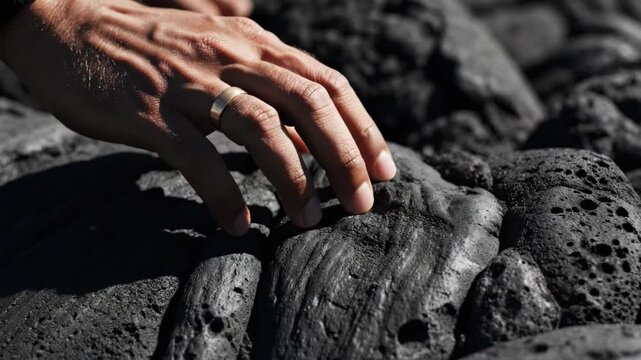 Close-up of a hand touching rugged volcanic rocks under natural light in outdoor setting