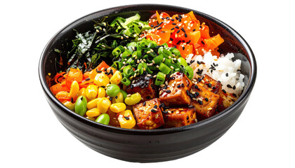 Spicy Crispy Tofu Poke Bowl with Edamame Corn Carrots and Sesame Seeds Isolated Transparent Background