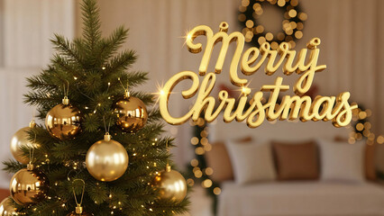 Delightful golden Merry Christmas message with cozy home interior, festive holiday decor, and warm holiday feelings