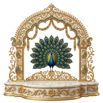 Ornate Golden Archway With Peacock On Marble Stage White Background bird isolated on a transparent background
