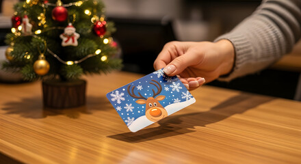 Hand holding Christmas card with reindeer design near pine tree  