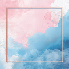 Pink and Blue Watercolor Background with Rose Gold Square Frame, Pastel Cloud Texture