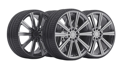 Fototapeta premium Stacked Car Wheels with Tires on White Background