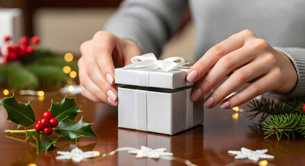 Hands placing small gift box on wooden table with holiday decorations  