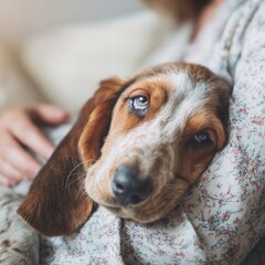 Cozy basset hound puppy relaxing on floral blanket