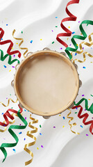 Template de Carnaval Limpo com Pandeiro Central e Elementos de Glitter para Varejo e Supermercado - Fundo Branco