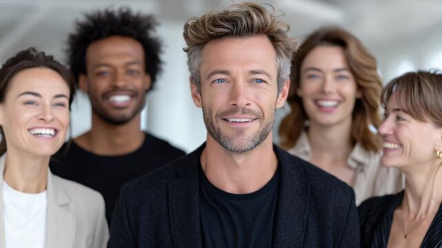 Businessteam mit l&auml;chelndem Mann im Fokus