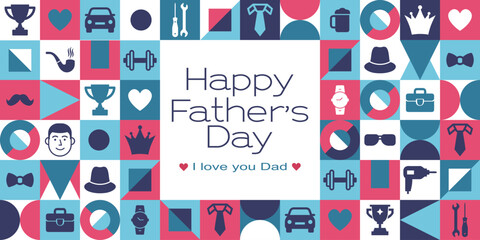 Fathers Day background with modern masculine Icons and geometric shapes. Greeting card, geometric poster.