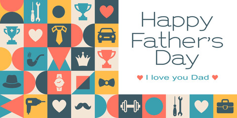 Fathers Day background with modern masculine Icons and geometric shapes. Greeting card, geometric pattern, poster.