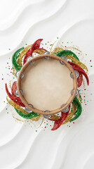 Template de Carnaval Limpo com Pandeiro Central e Elementos de Glitter para Varejo e Supermercado - Fundo Branco