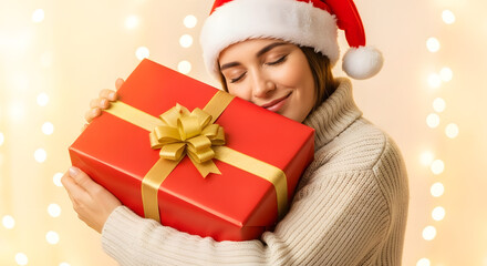 Young woman in Santa hat hugging Christmas gift with joy indoors  