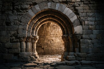 Obraz premium Ancient stone arch made of massive sandstone blocks in the rays of sunlight detailed texture of old masonry of a historical building majestic architectural detail of an antique structure