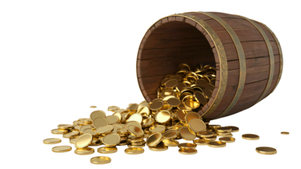 Golden Coins Spilling from Wooden Barrel on White Background