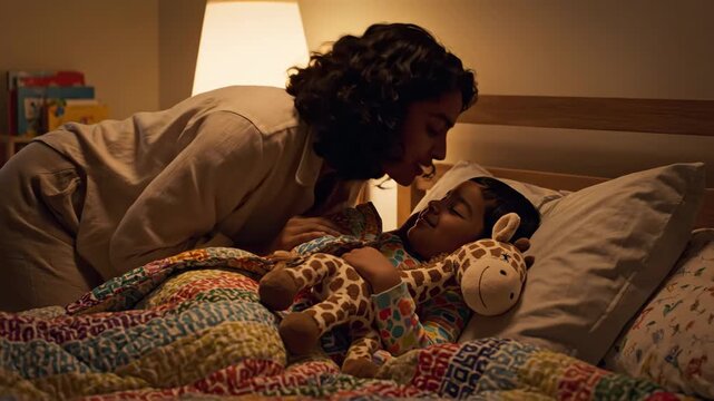Mother Tucking Child Into Bed - A loving mother is seen tucking her child into bed at night. The child, holding a giraffe plush toy, is lying comfortably beneath a colorful patterned quilt with a