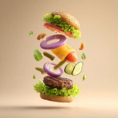 Creative floating burger ingredients with lettuce, cheese, and beef patty