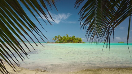Maldives travel background. Crystal clear turquoise sea water gently laps shore of secluded wild tropical island paradise beach, framed by swaying palm tree leaves, creating a serene and idyllic scene