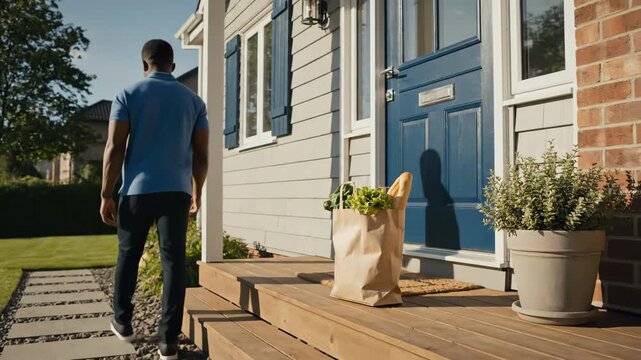 A delivery man places a bag of fresh groceries on a home's front porch. Contactless food delivery service for online shopping. A courier leaves an order at the front door