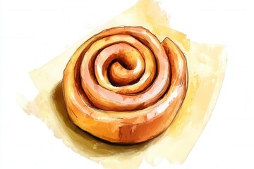 Watercolor cinnamon roll illustration with swirls and golden brown texture