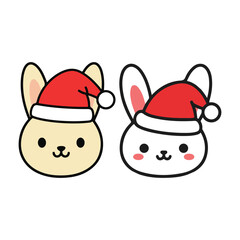 Two cute kawaii bunnies wearing santa hats for christmas