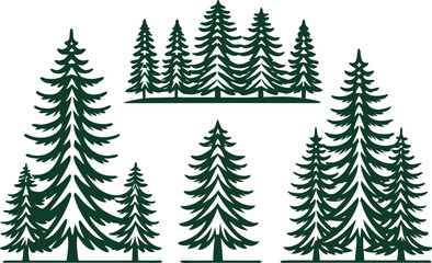 Obraz premium Pine Tree Set in Clean Outline Strokes. Minimal Pine Tree Illustration with Line Art Style. Botanical Pine Tree Design in Outline Style. Forest Pine Tree Collection with Thin Line Art. Natural Pine