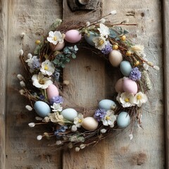 Rustic spring wreath with pastel eggs and flowers on weathered wooden door
